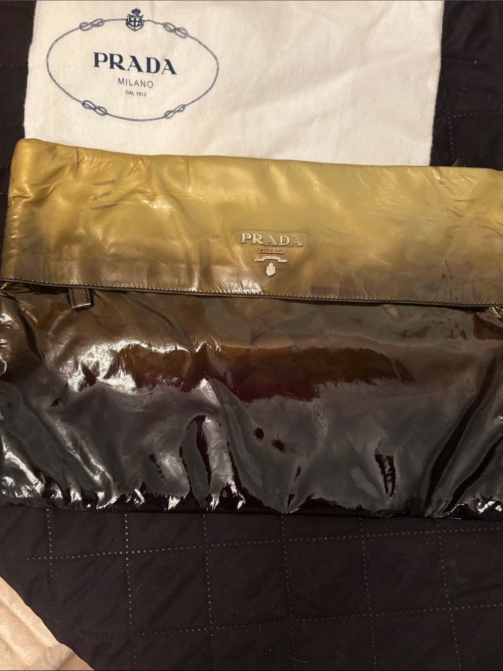 Prada Patent Leather Fold-Over Messenger in Olive and Deep Brown
